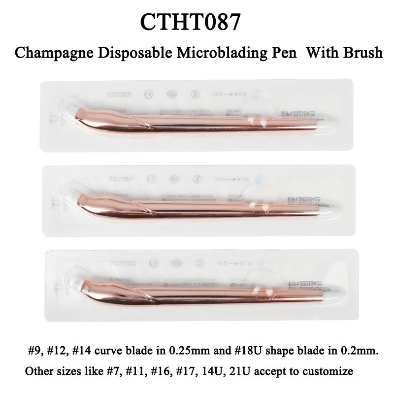 OEM 18U Champagne Disposable Microblading Pen With Pigment Brush PMU Tools